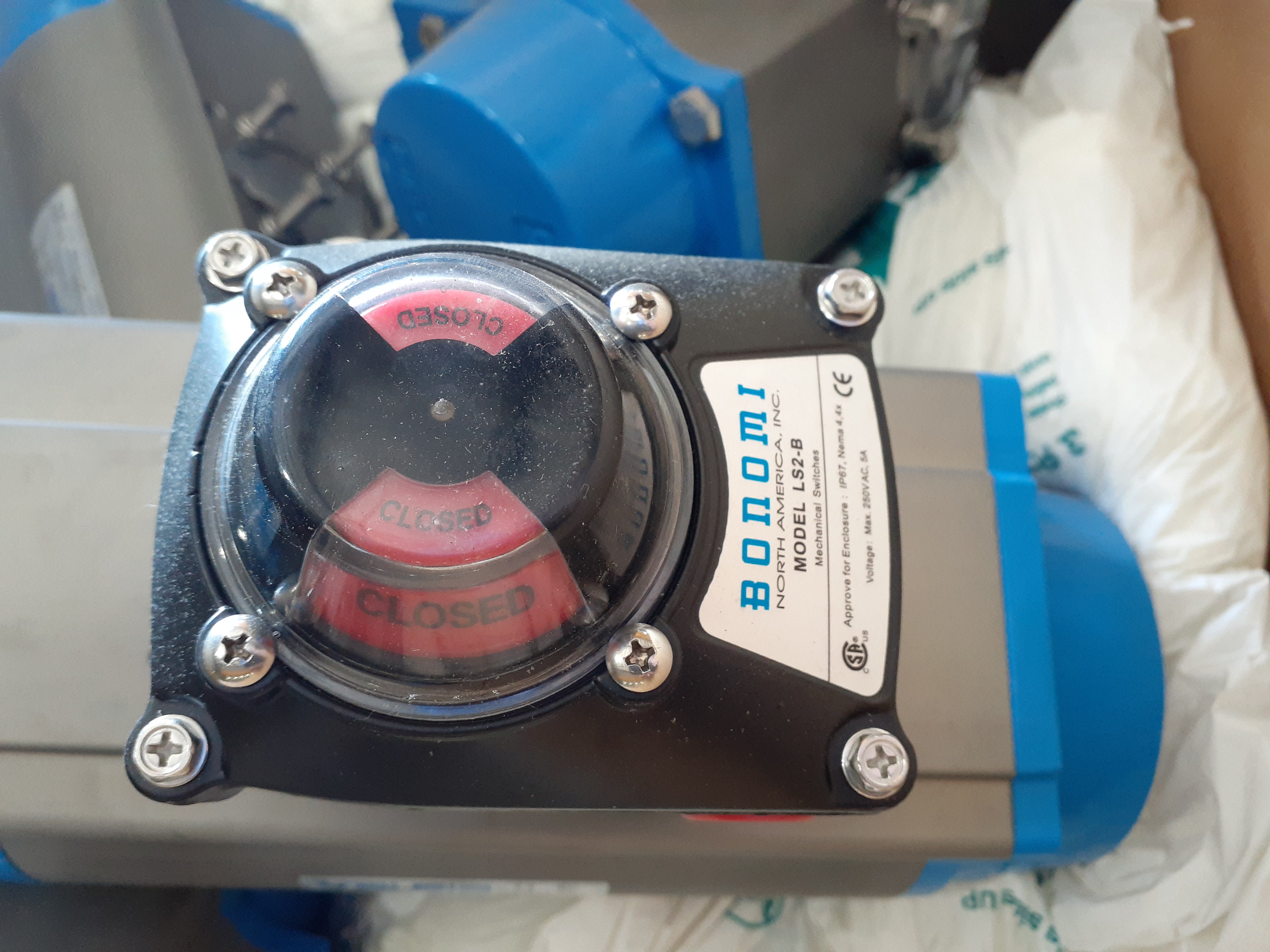 Bonomi 6 Inch SRN501S Lug Style Butterfly Valve, SS Disc with Spring Return Actuator, LS2 Limit Switch and NMR1-C1 Solenoid (120VAC Conduit)