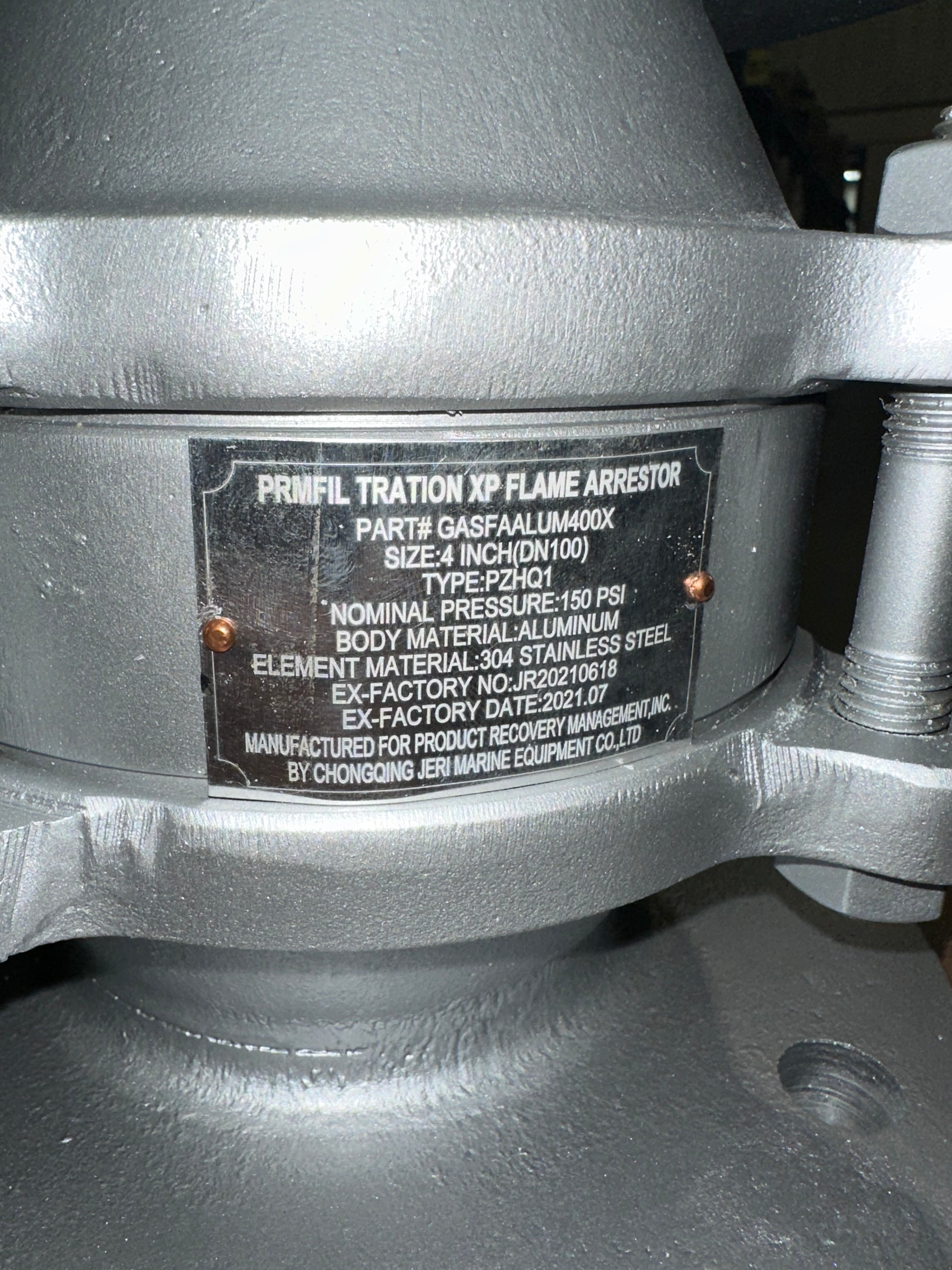 PRM 4" Flame Arrestor; 150# Flanged; Aluminum Body; 304 SS Element