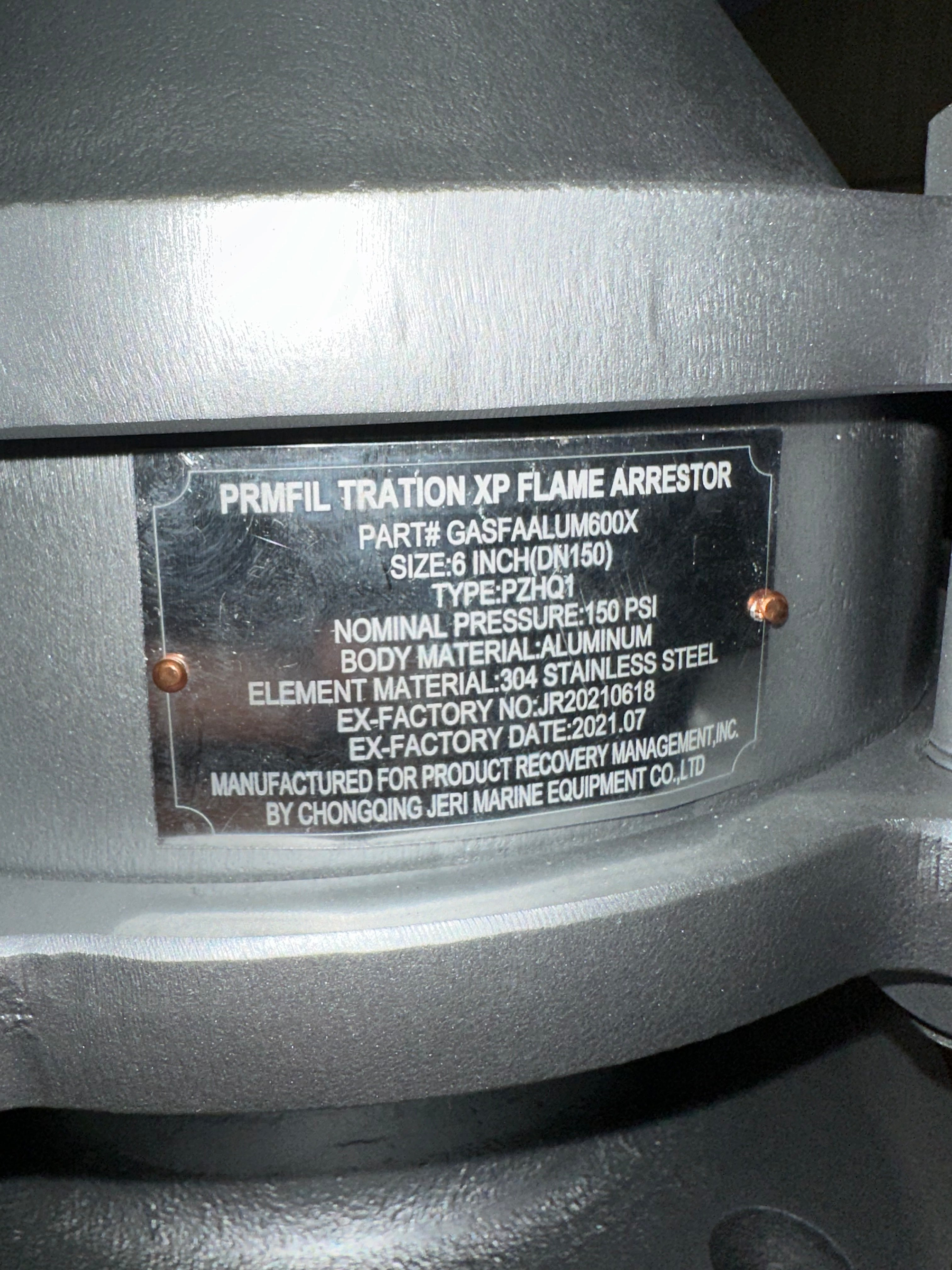 PRM 6" Flame Arrestor; 150# Flanged; Aluminum Body; 304 SS Element