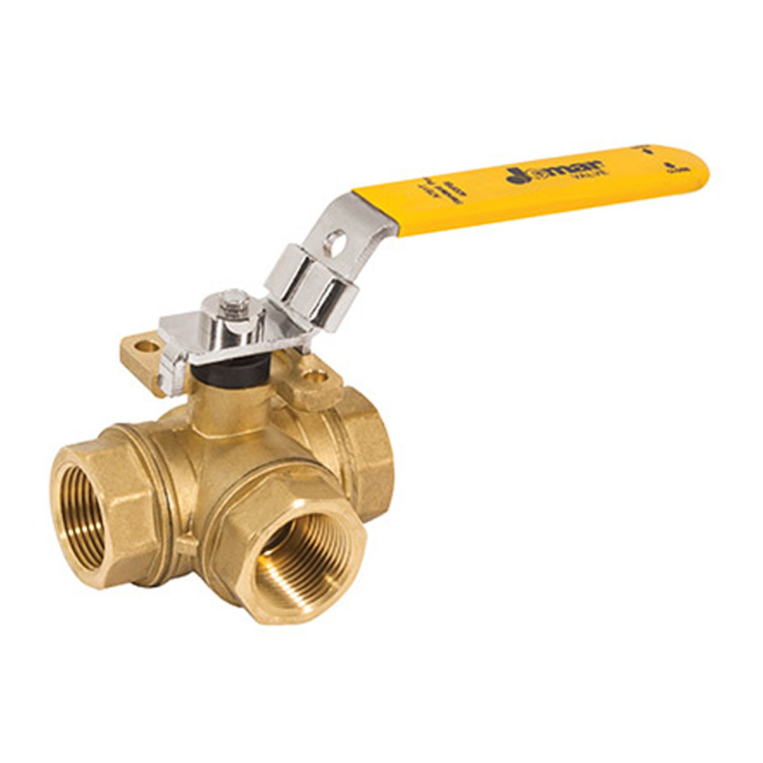 Jomar A751L-1 1 Inch Brass Direct Mount Ball Valve, 3-Way, Standard Port, L-Port, Threaded Connection, ISO Mounting Pad, 400 WOG