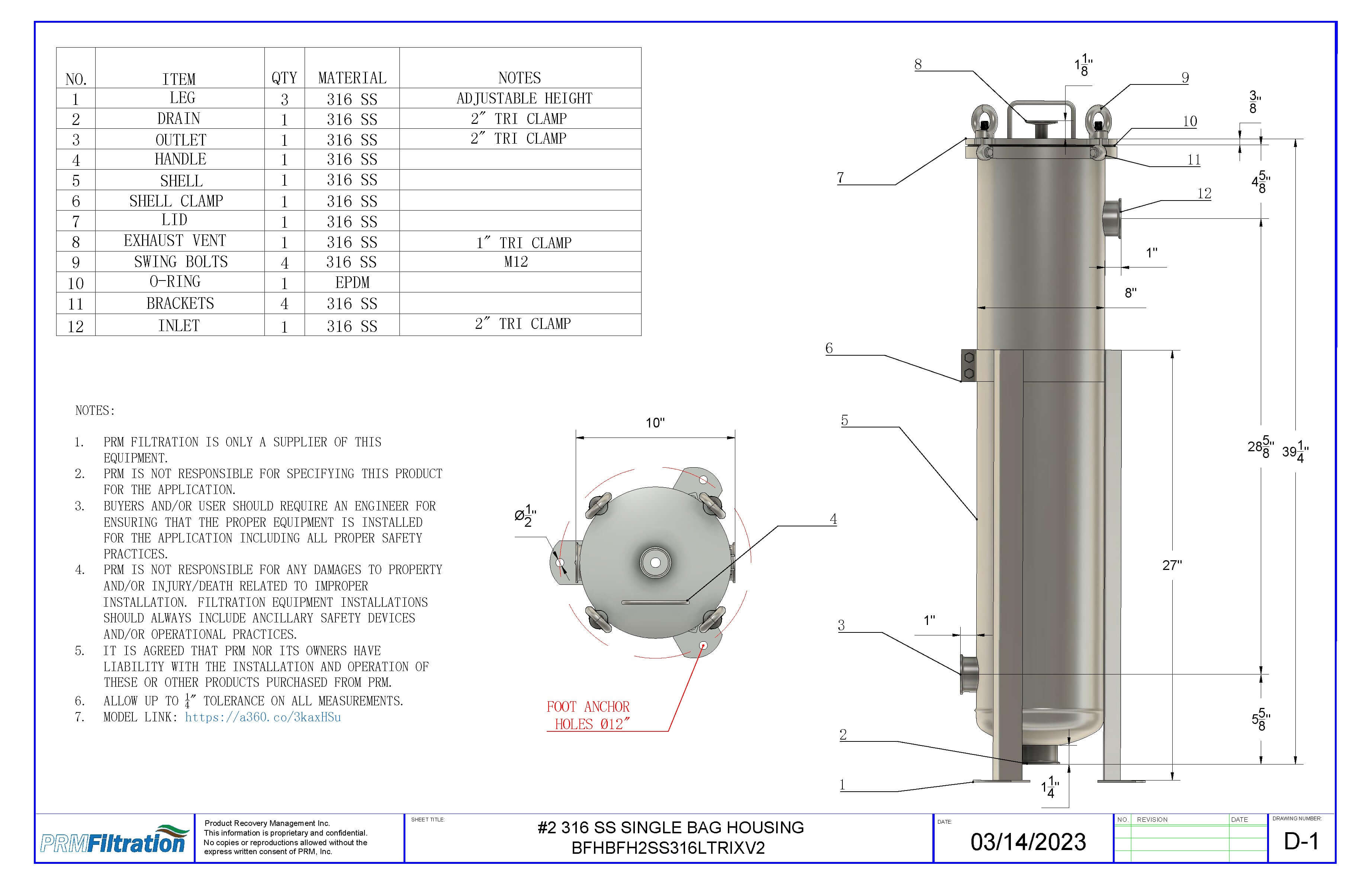 PRM #2 316L Stainless Steel Bag Filter Housing, 2 Inch Tri-Clamp Inlet/Outlet-150 psi