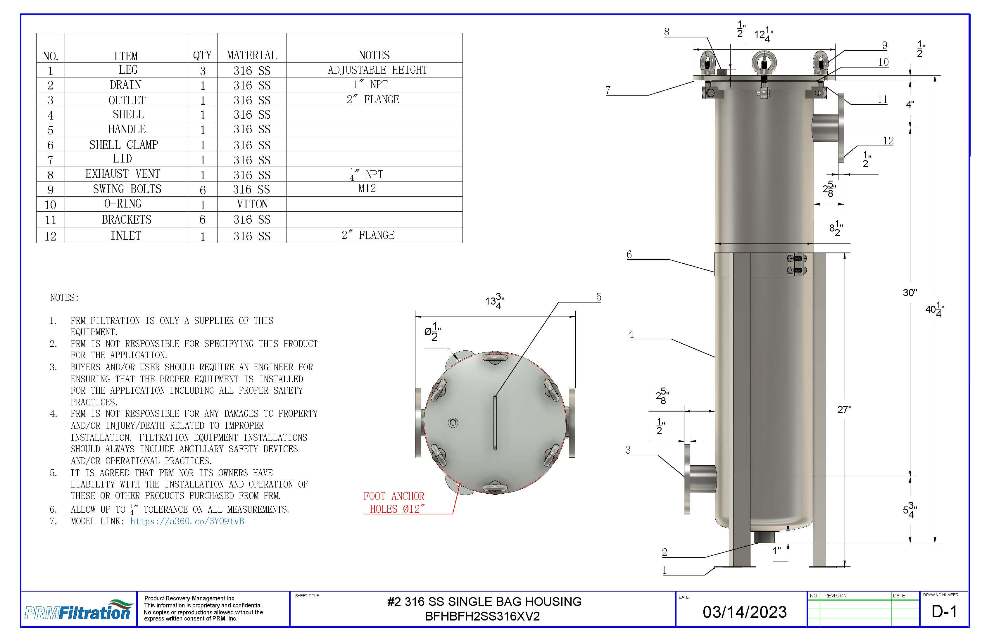 PRM #2 316 Stainless Steel Bag Filter Housing, 2 Inch Flange In/Side Outlet-150 psi