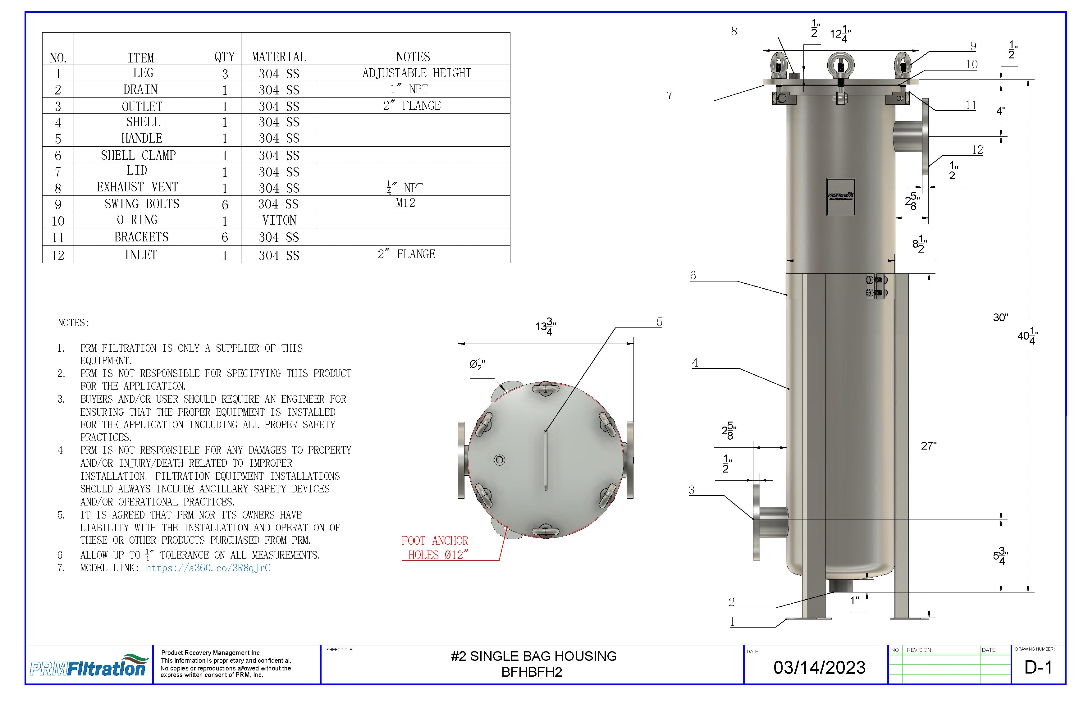 PRM #2 304 Stainless Steel Bag Filter Housing, 2 Inch Flange In/Side Outlet-150 psi