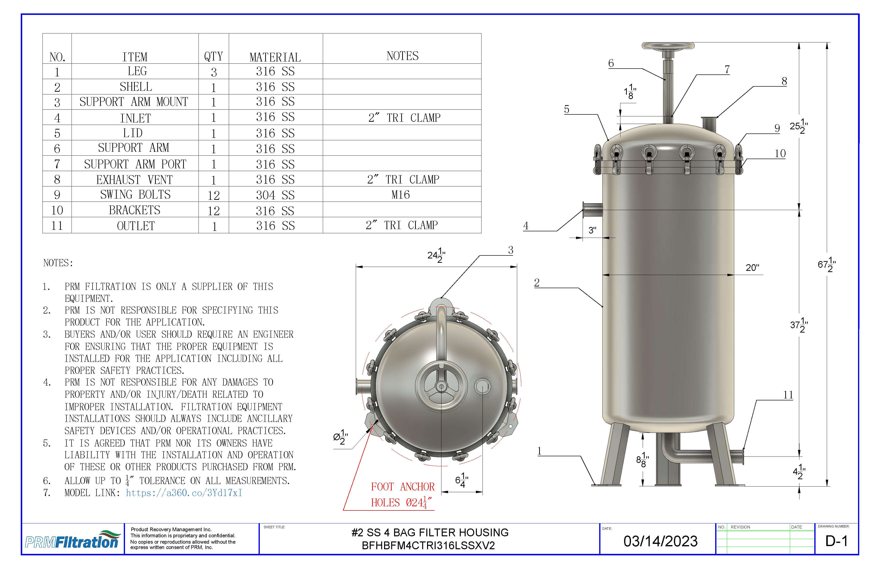 PRM #2 316L Stainless Steel 4 Bag Multi-Filter Housing, 2 Inch Tri-Clamp In/Out-150 psi