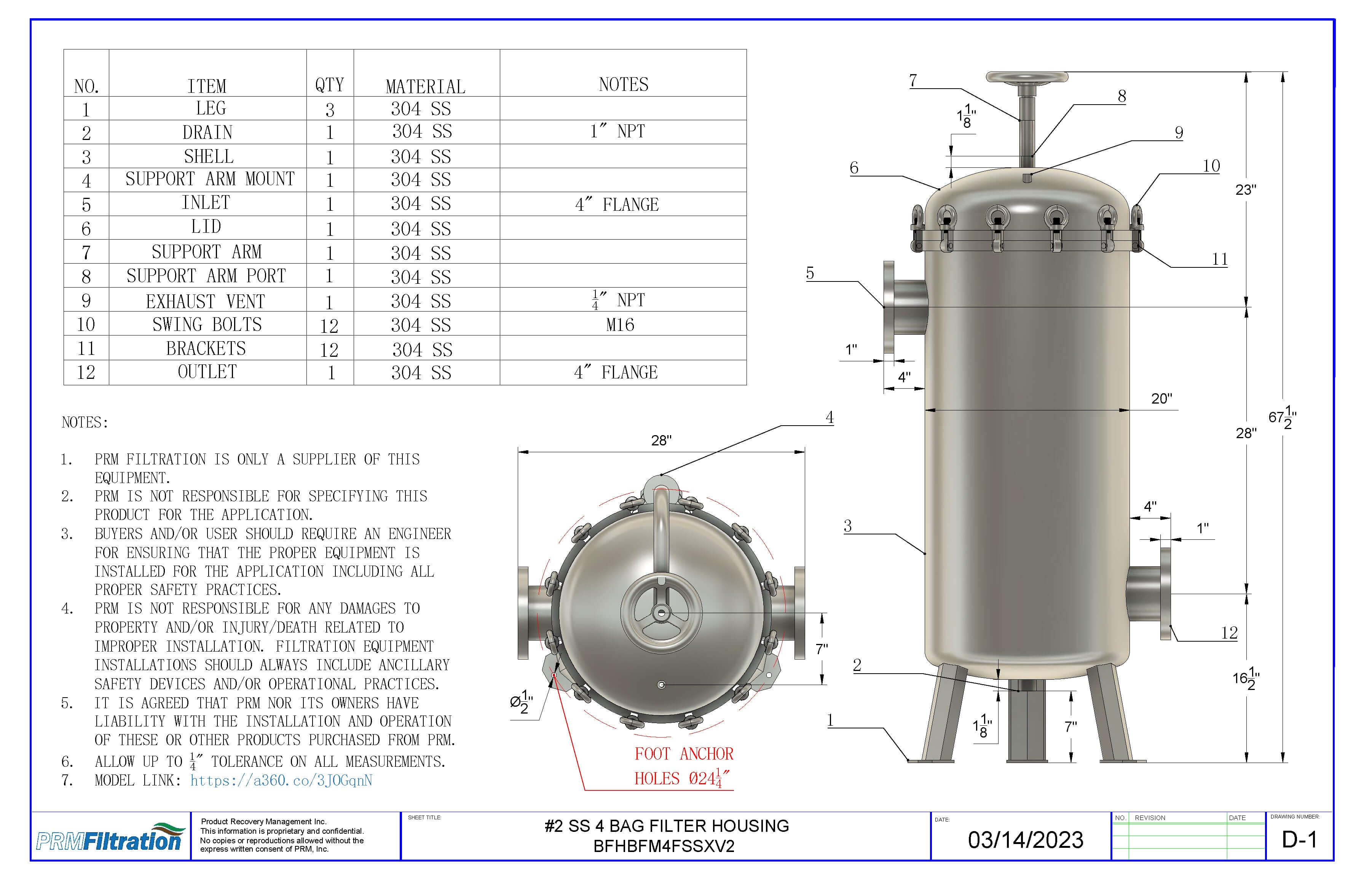 PRM #2 304 Stainless Steel 4 Bag Multi-Filter Housing, 4 Inch Flange In/Out-150 psi