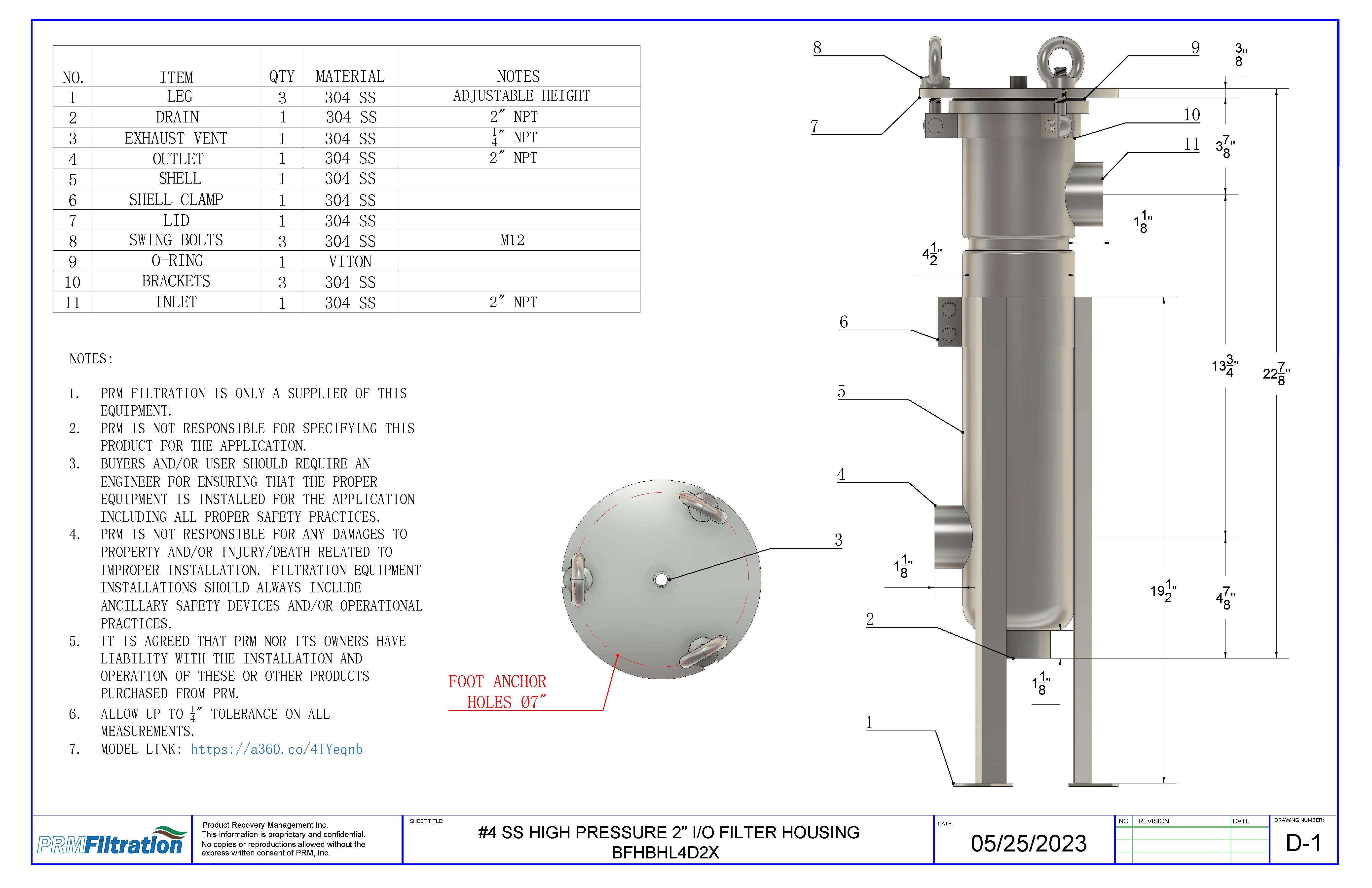 PRM #4 304 Stainless Steel Bag Filter Housing, NPT Inlet, Side and Bottom Dual Port Outlet-150 PSI