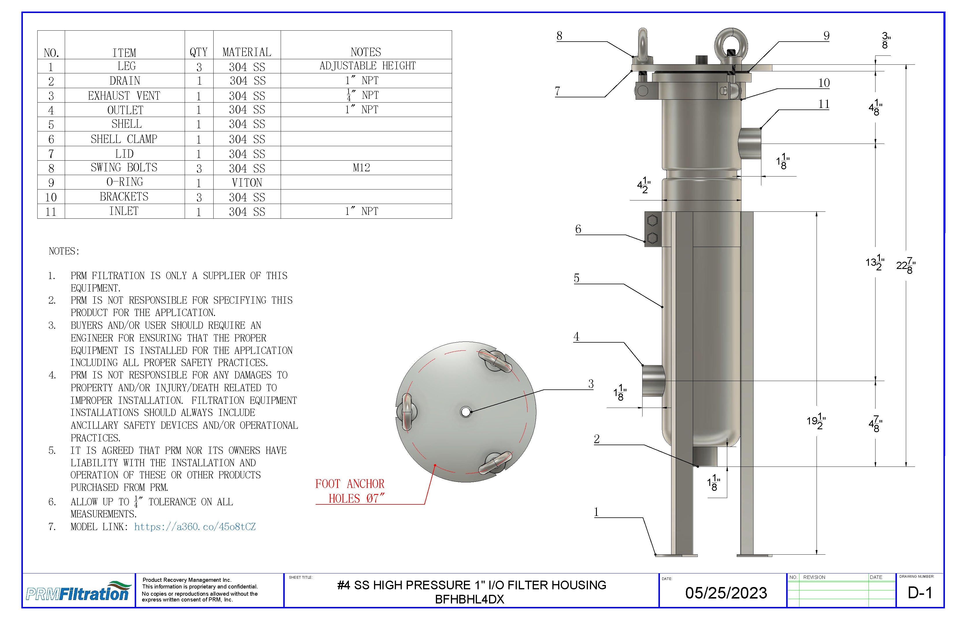 PRM #4 304 Stainless Steel Bag Filter Housing, NPT Inlet, Side and Bottom Dual Port Outlet-150 PSI