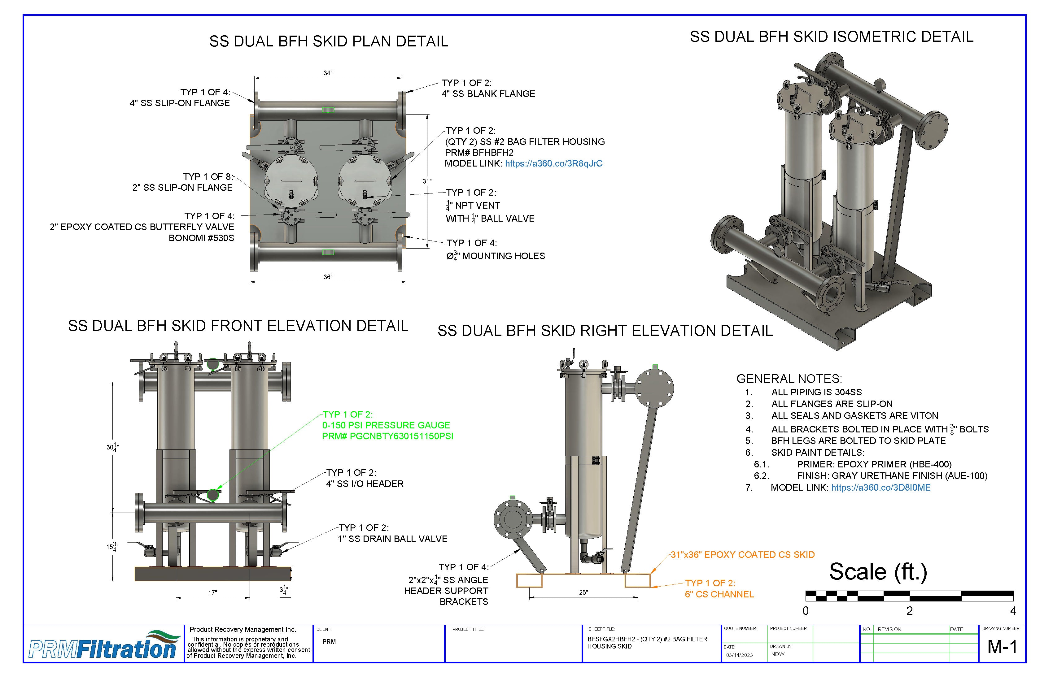 PRM #2 Size Dual Bag Filter Housing Skid, 4 Inch Flange In/Out; 150 psi