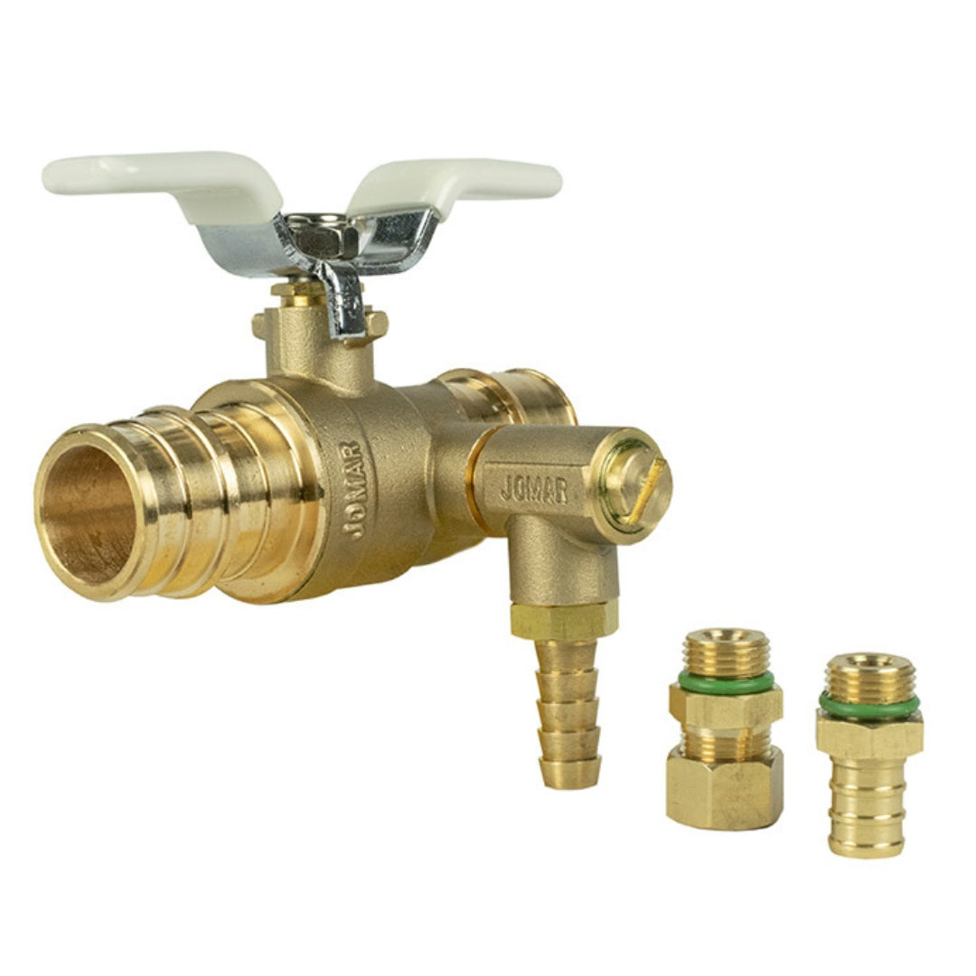 Jomar JF-100RVG 3/4" Expansion Pex Connection Lead Free Brass 2-Piece Ball Valve with Stainless Steel Trim & Thermal Expansion Relief Valve with 3/8" Barb, 1/2" Pex, and 3/8" Compression Fittings
