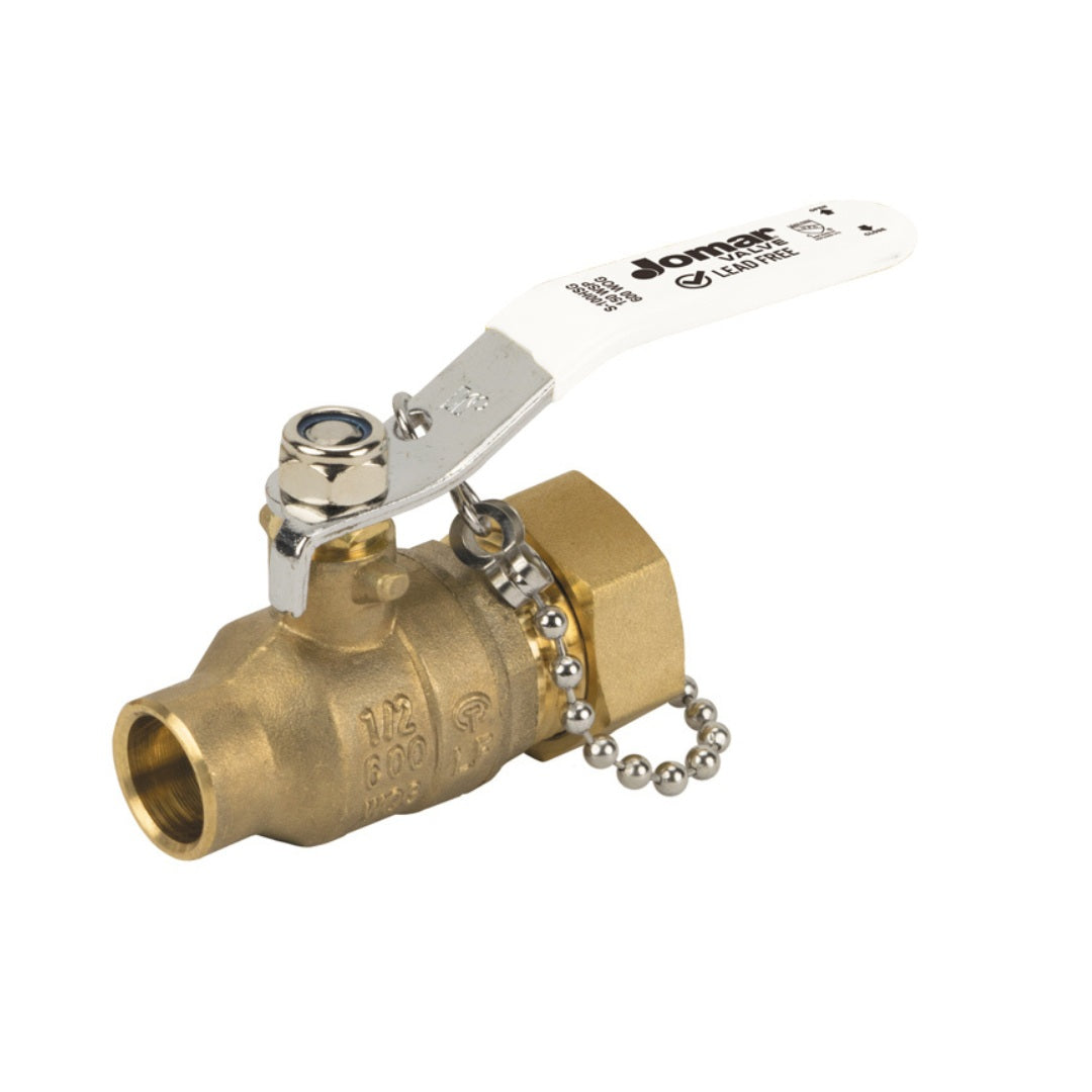 Jomar S-100HSG Solder x Hose Connection Lead Free Brass 2-Piece Ball Valve with Lever Handle, Chained Cap and Stainless Steel Trim