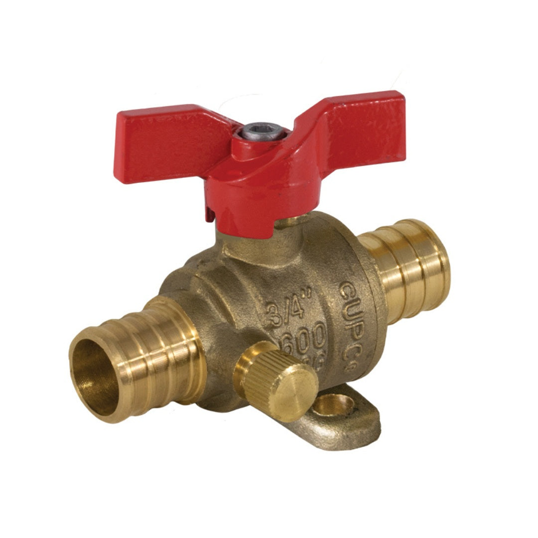 Jomar T-413G Series Lead Free Brass 2-Piece Crimp Pex Connection Ball Valve with Drain, T-Handle, and Stainless Steel Trim