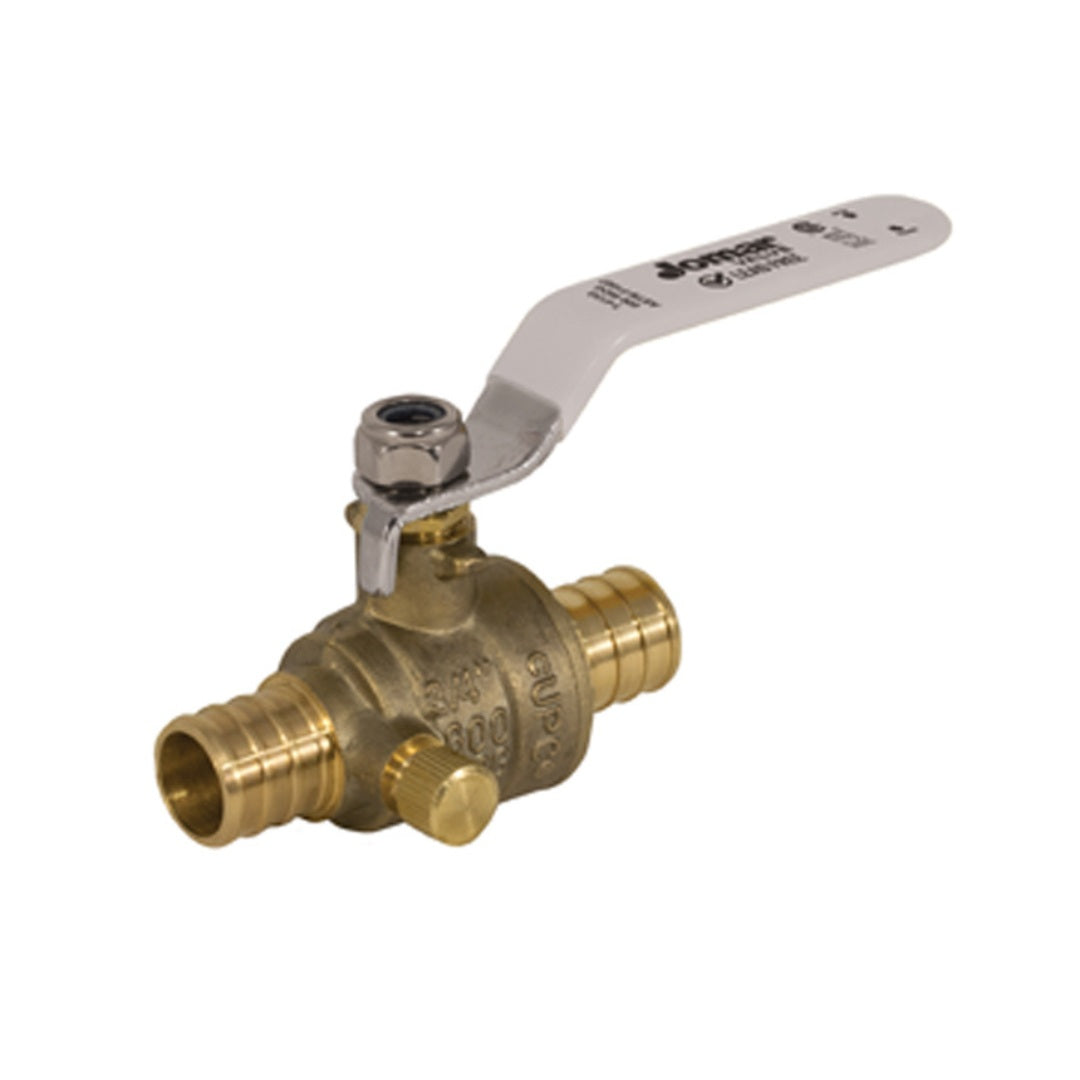 Jomar T-413G Series Lead Free Brass 2-Piece Crimp Pex Connection Ball Valve with Drain and Stainless Steel Trim