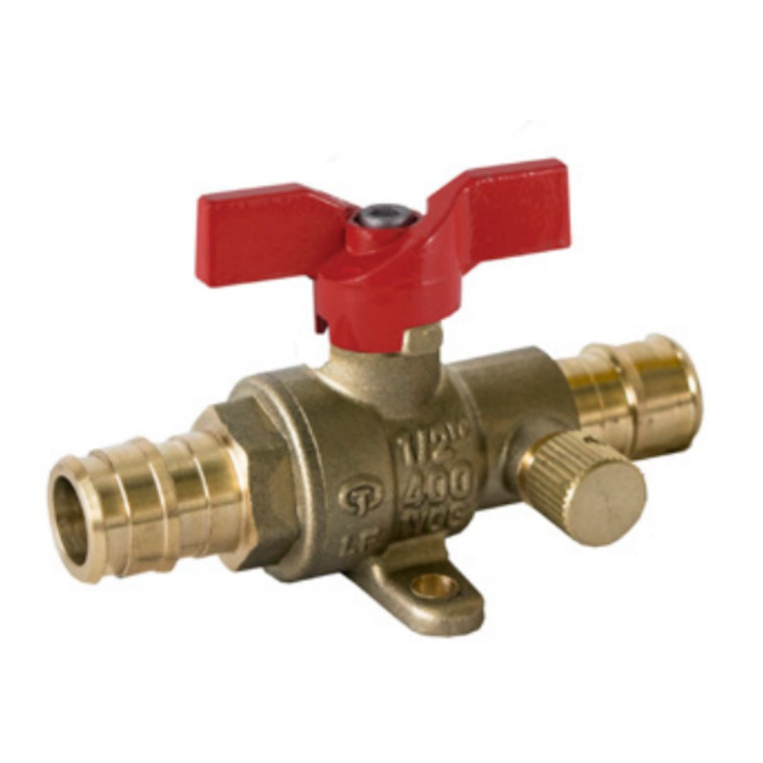 Jomar T-423G Series Lead Free Brass 2-Piece Expansion Pex Connection Ball Valve with Drain, T-Handle and Stainless Steel Trim