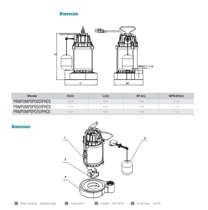 PRM 1/2 HP Sump Pump, 110-120V, 1-Phase, 1-1/2" NPT Outlet