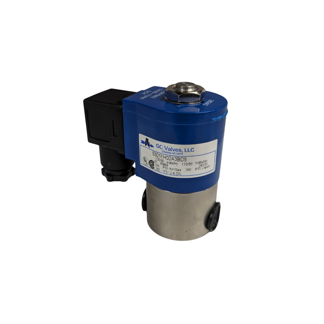 1/4 Inch F303 Stainless Steel Solenoid Valve with Dupont Kalrez Seals for Ozone Use, 200 psi, 110V, DIN Connector, Normally Closed