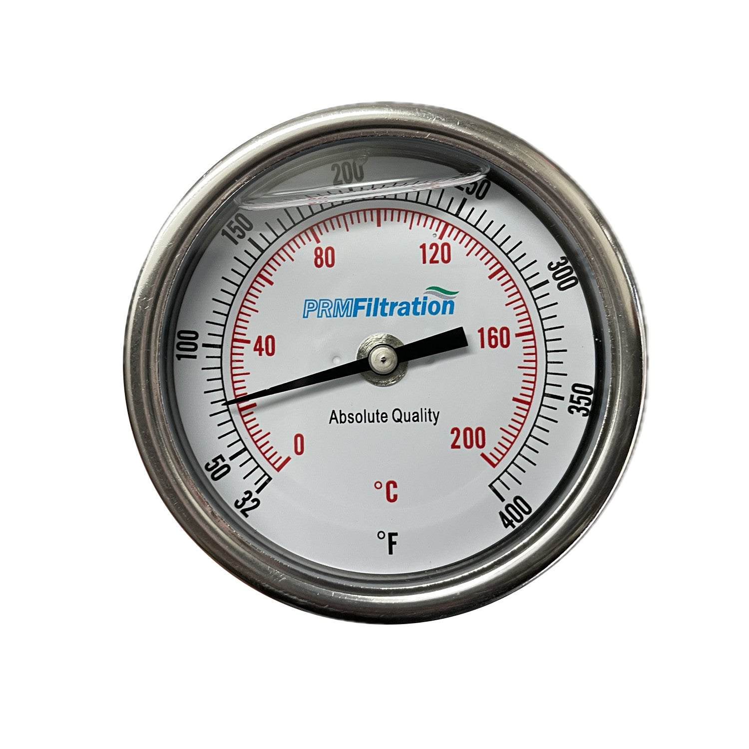 PRM Vibration Resistant Temperature Gauge, 32-400°F / 0-200°C, 3 Inch Dial, 304 Stainless Steel Case & Stem, 1/2 Inch NPT Back Mount