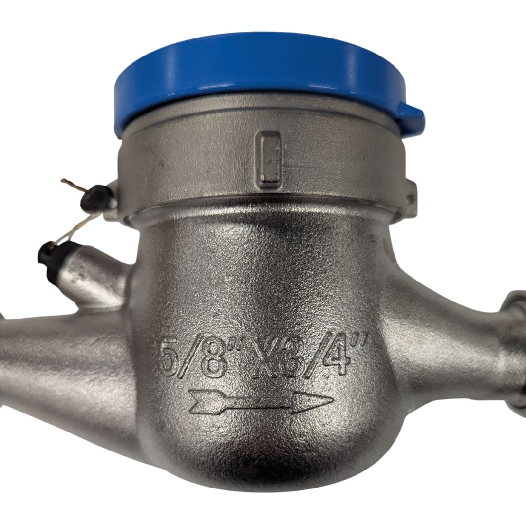 3/4" NSF Certified Stainless Steel Totalizing Water Meter Side View with Size Markings