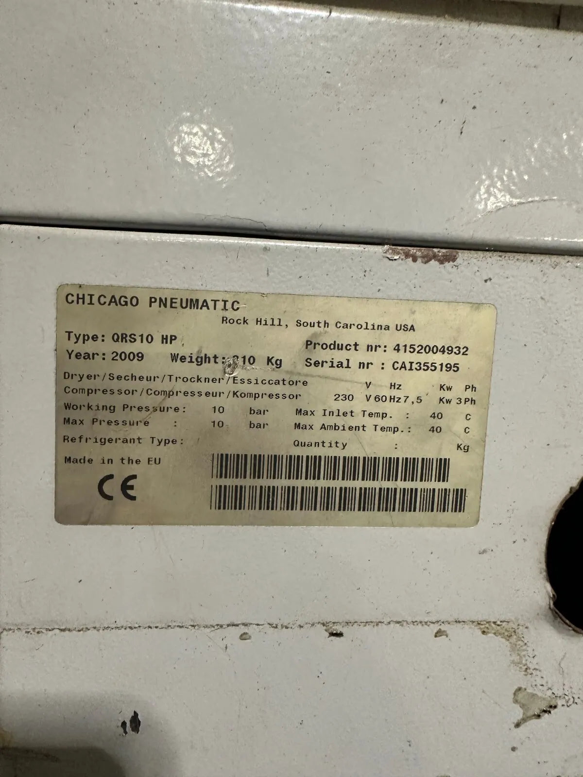 USED 10 HP CHICAGO PNEUMATIC QRS10 ROTARY SCREW AIR COMPRESSOR (AS-IS / PARTS)