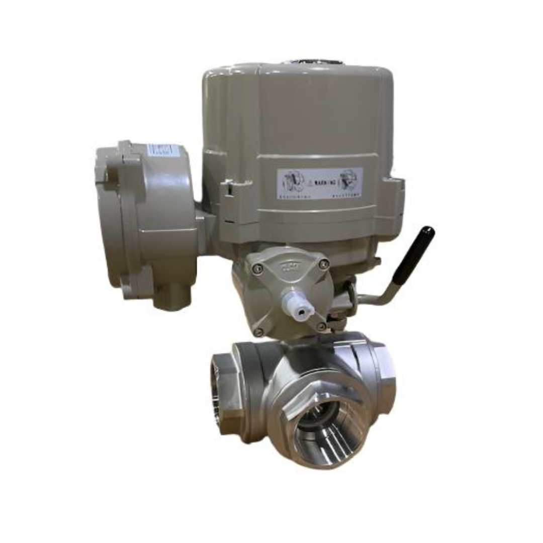 Electric Actuator Stainless Steel 3-Way Ball Valve, 3 Inch Threaded, PTFE Seat