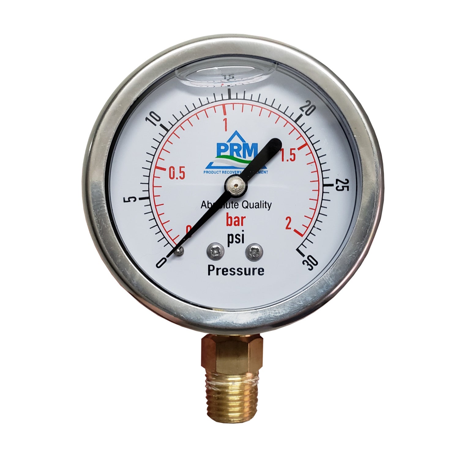 PRM 304 Stainless Steel Pressure Gauge with Brass Internals, 0-30 PSI, 2-1/2 Inch Dial, 1/4 Inch NPT Bottom Mount