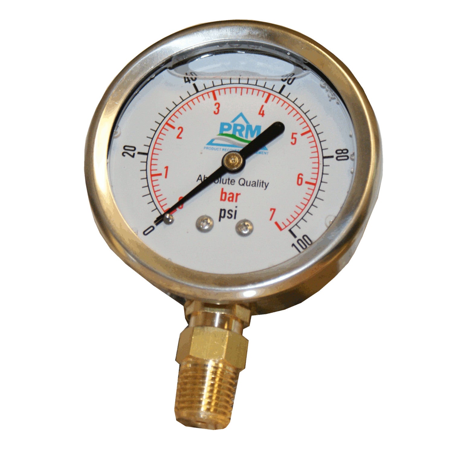 PRM 304 Stainless Steel Pressure Gauge with Brass Internals, 0-100 PSI, 2-1/2 Inch Dial, 1/4 Inch NPT Bottom Mount