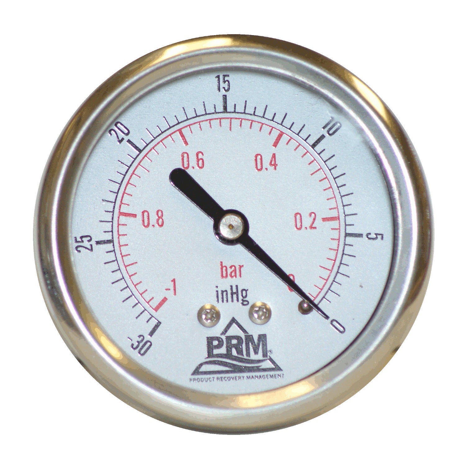 PRM Vacuum Gauge 0 to -30 inHg / 0 to -1 Bar, 2.5 Inch Stainless Steel Case, Brass Internals 1/4 Inch NPT Back Mount, Liquid Filled