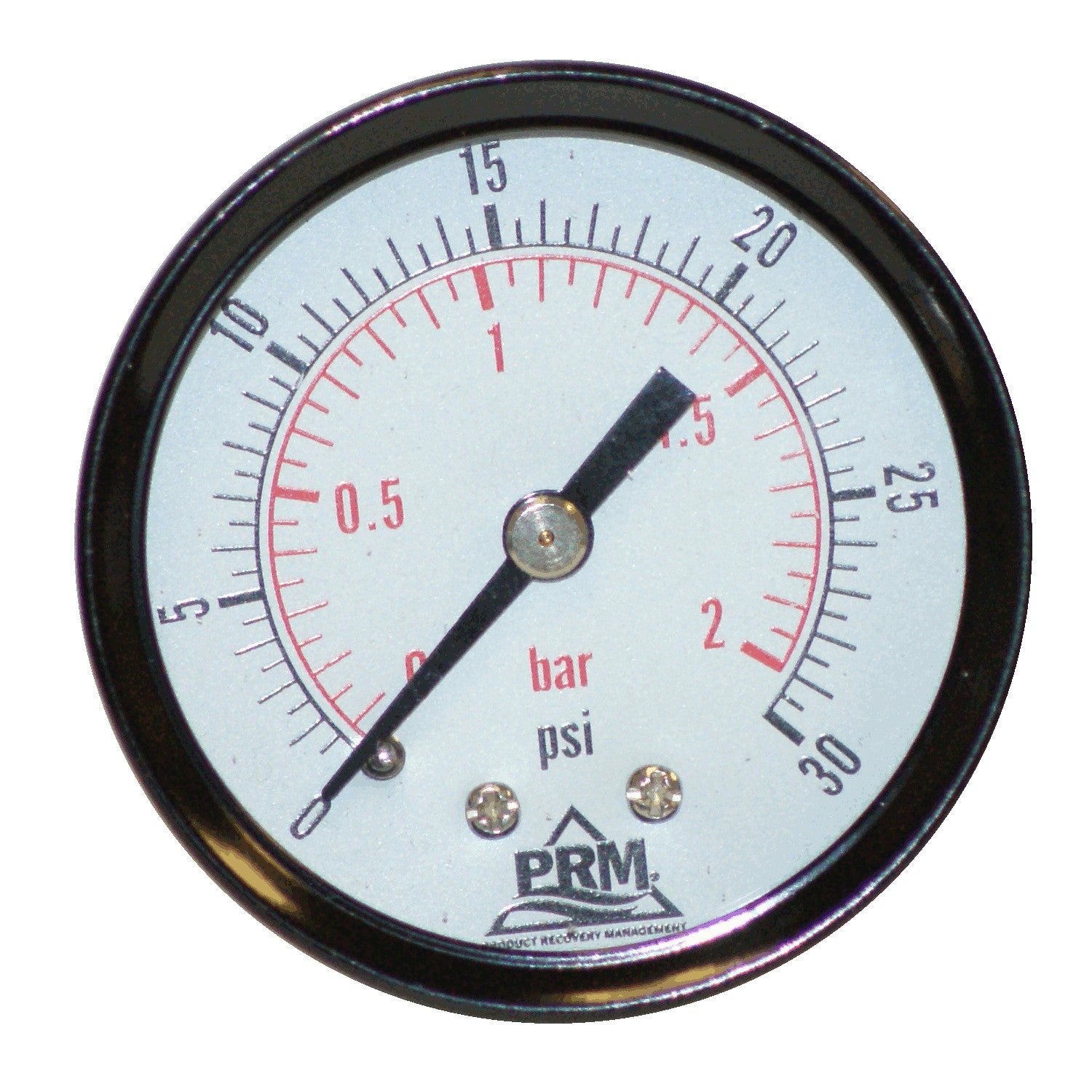 PRM Steel Case Pressure Gauge with Brass Internals, 0-30 PSI, 2 Inch Dial, 1/4 Inch NPT Back Mount