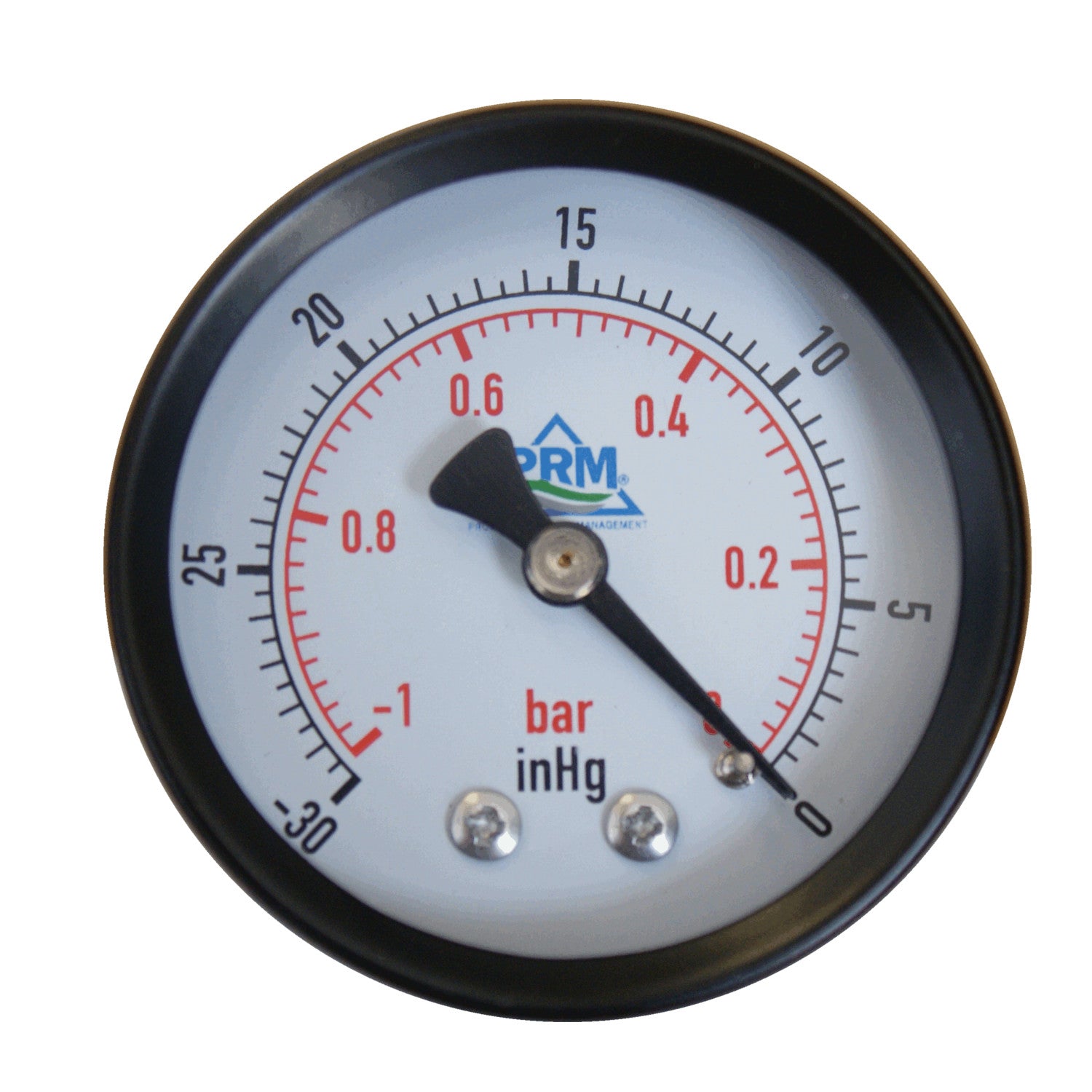 PRM Vacuum Gauge 0 to -30 inHg / 0 to -1 Bar, 2 Inch Black Steel Case, Brass Internals 1/4 Inch NPT Back Mount, Dry Gauge