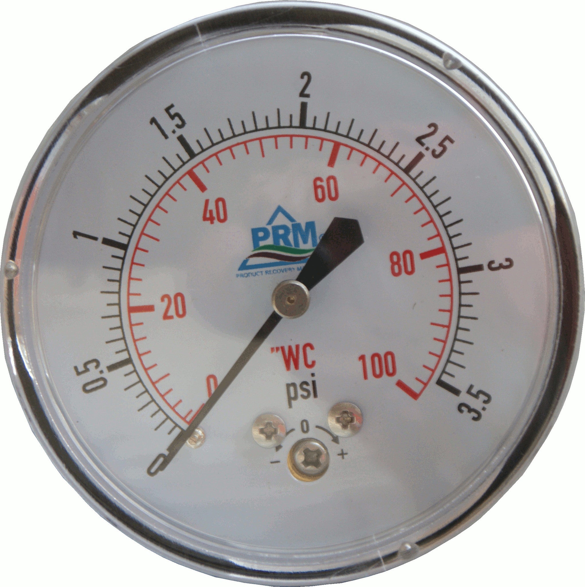 PRM Chrome Case Pressure Gauge with Brass Internals, 0-100"WC, 2-1/2 Inch Dial, 1/4 Inch NPT Back Mount