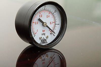 PRM Vacuum Gauge 0 to -30 inHg / 0 to -1 Bar, 2 Inch Black Steel Case, Brass Internals 1/4 Inch NPT Back Mount, Dry Gauge