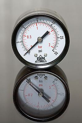 PRM Steel Case Pressure Gauge with Brass Internals, 0-30 PSI, 2 Inch Dial, 1/4 Inch NPT Back Mount
