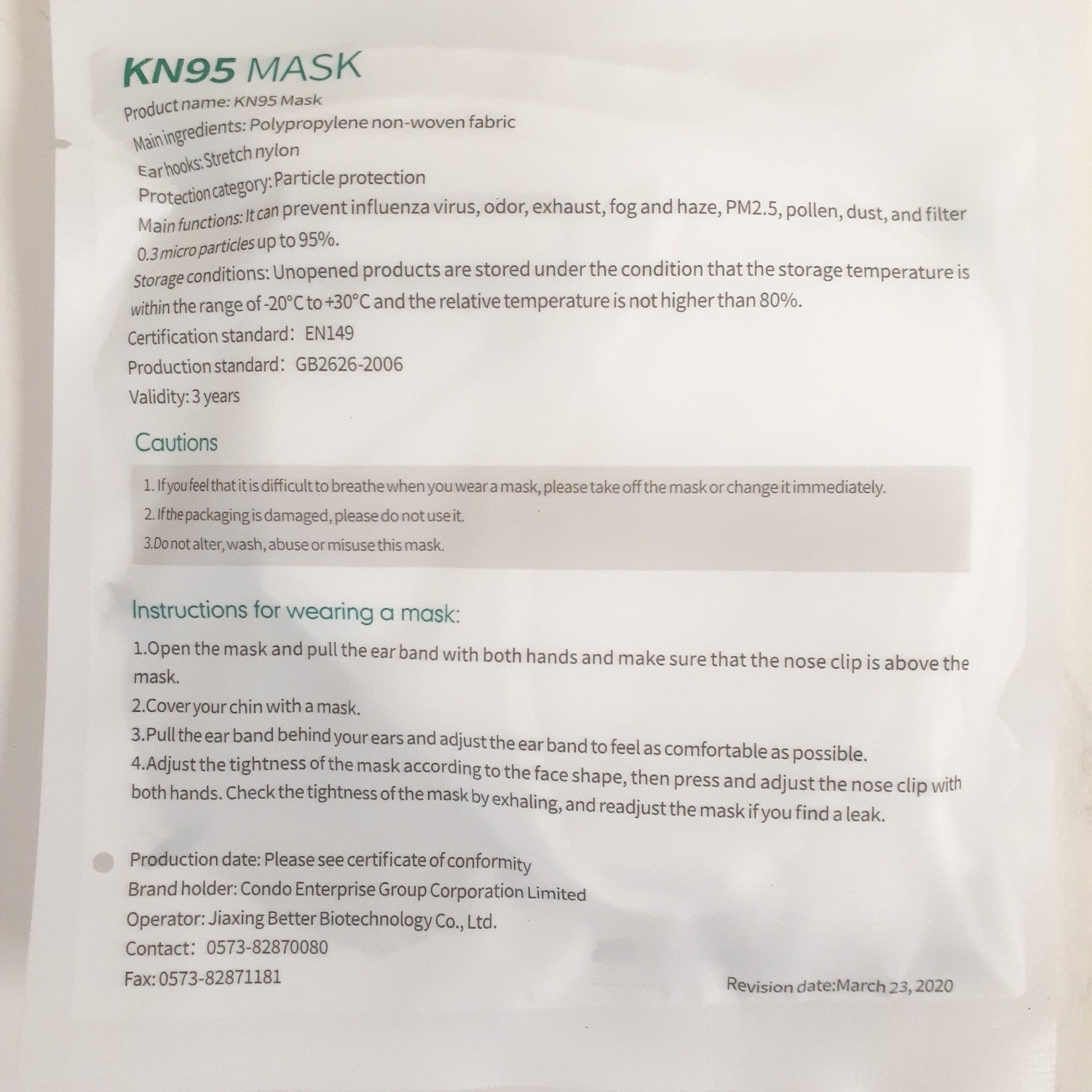 Gress Civilian Use KN95 Mask back of package