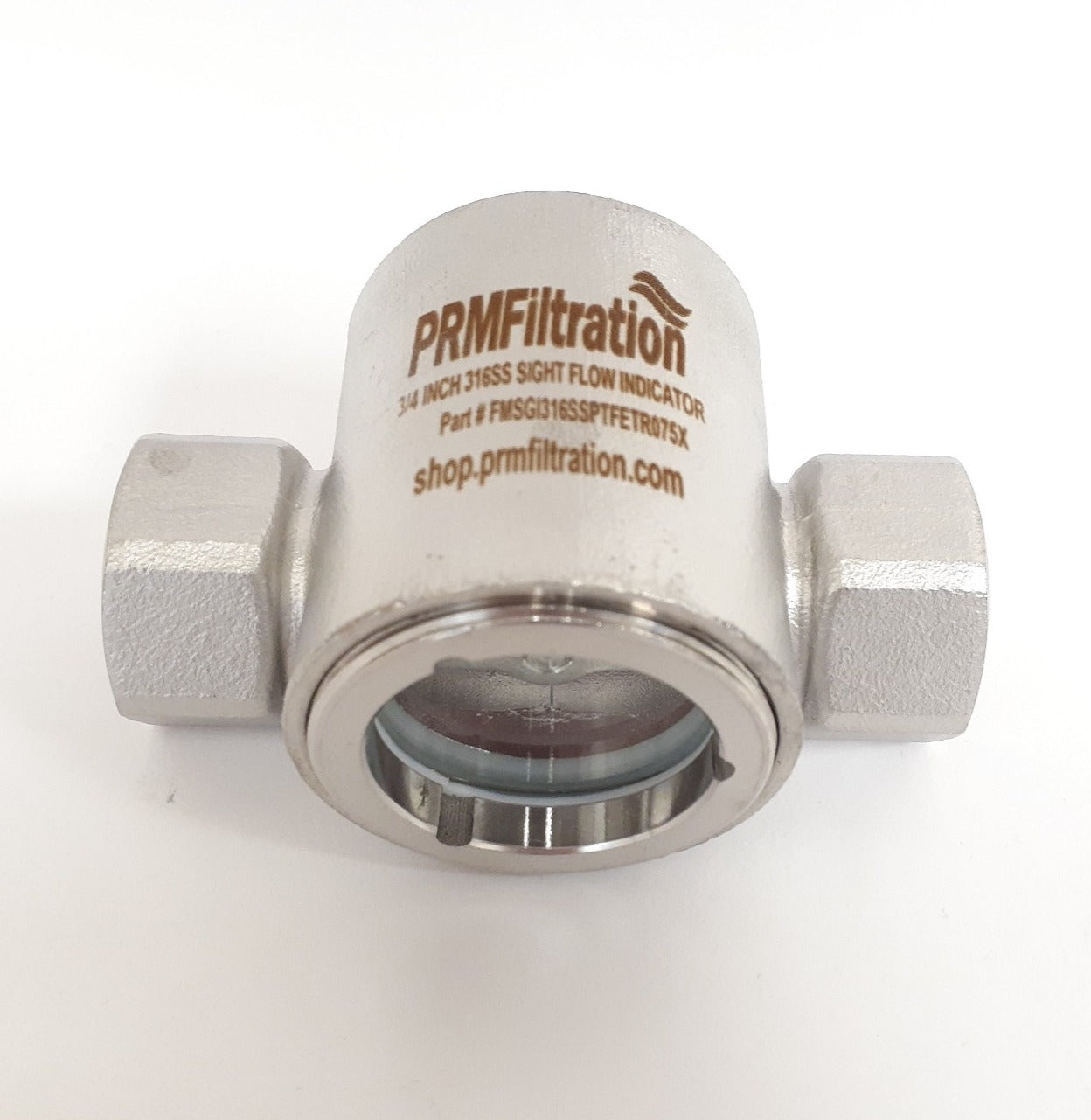 PRM Sight Flow Indicator, 3/4 Inch, 316 Stainless Steel, PTFE Seal and Impeller