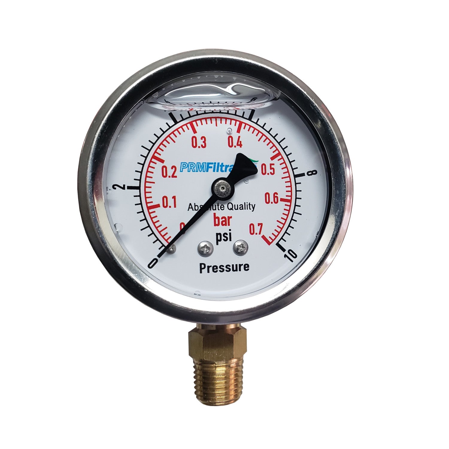 PRM 304 Stainless Steel Pressure Gauge with Brass Internals, 0-10 PSI, 2-1/2 Inch Dial, 1/4 Inch NPT Bottom Mount