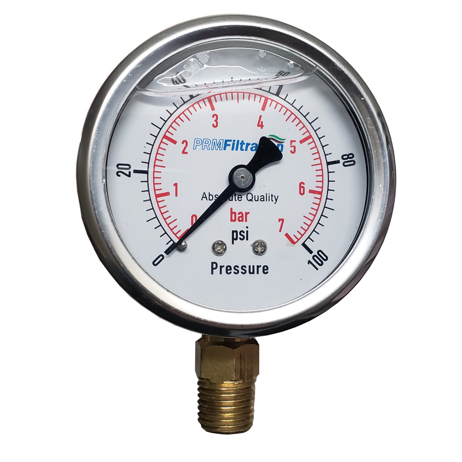 PRM 304 Stainless Steel Pressure Gauge with Brass Internals, 0-100 PSI, 2-1/2 Inch Dial, 1/4 Inch NPT Bottom Mount