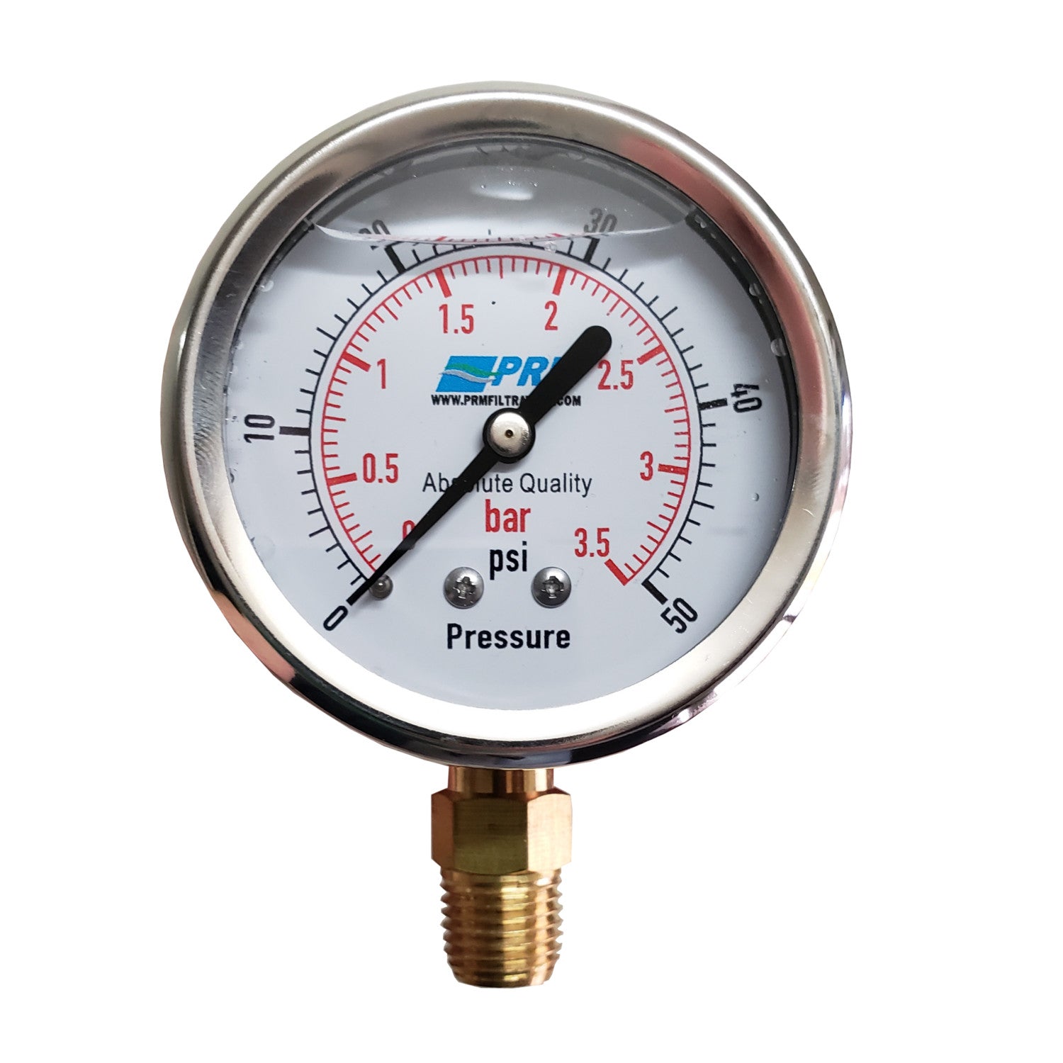 PRM 304 Stainless Steel Pressure Gauge with Brass Internals, 0-50 PSI, 2-1/2 Inch Dial, 1/4 Inch NPT Bottom Mount