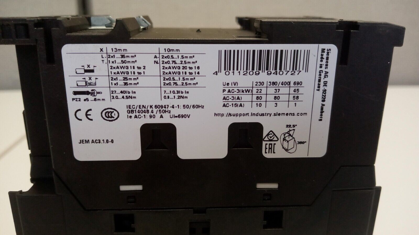 Siemens IEC Magnetic Contactor 3RT2038-1AK60