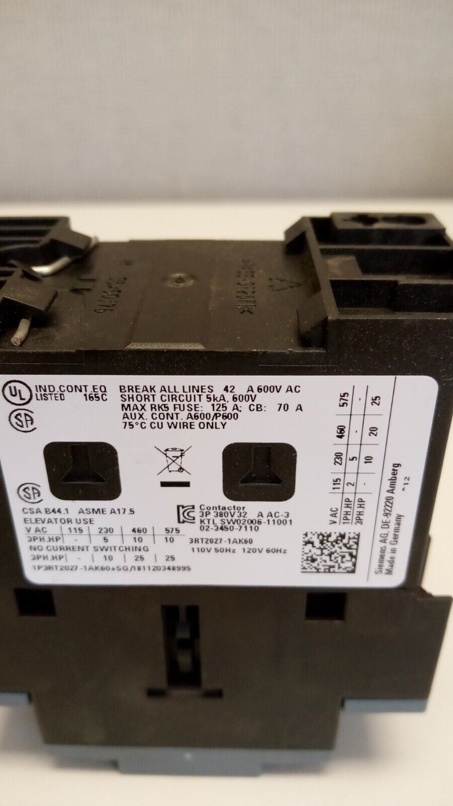 Siemens 3RT2027-1AK60 IEC Magnetic Contactor- New Old Stock