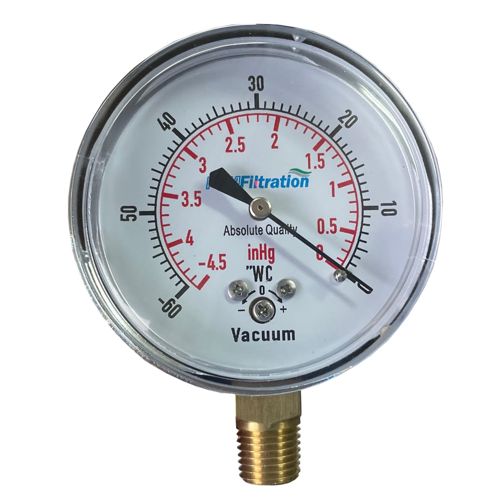 PRM Vacuum Gauge 0 to -60"WC / 0 to -4 inHg, 2.5 Inch Chrome Case, Brass Internals 1/4 Inch NPT Bottom Mount, Dry Gauge