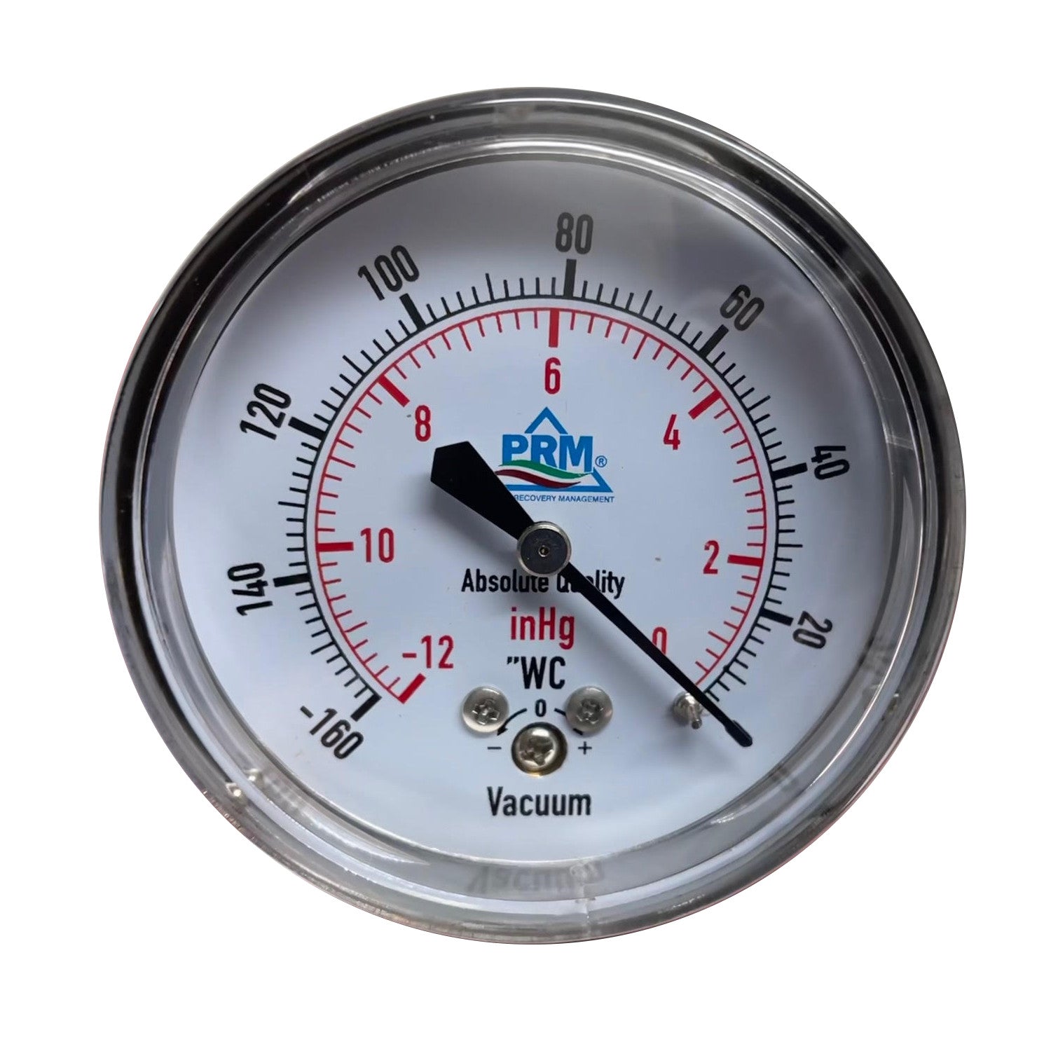 PRM Vacuum Gauge 0 to -160"WC / 0 to -12inHg, 2.5 Inch Chrome Case, Brass Internals 1/4 Inch NPT Back Mount, Dry Gauge