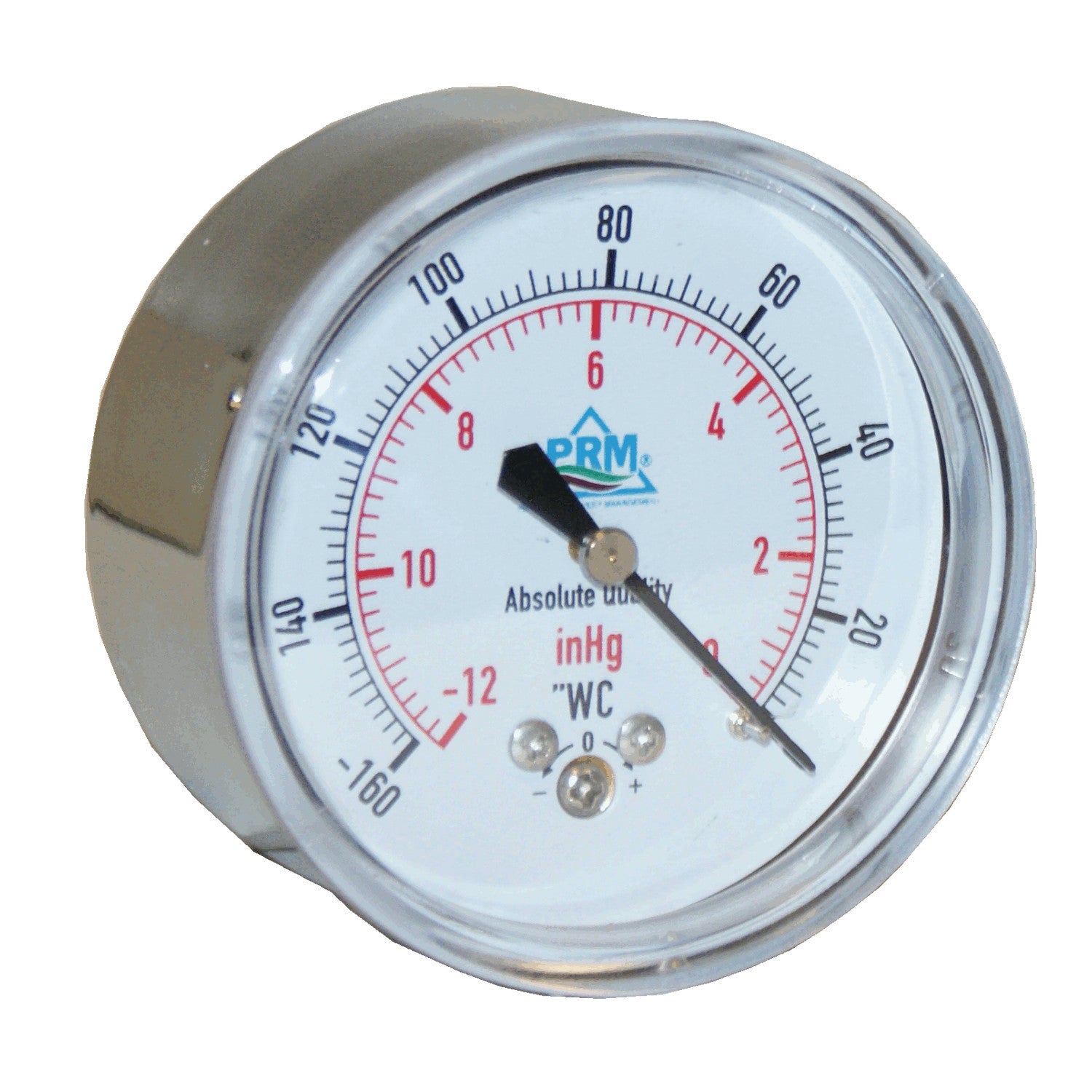 PRM Vacuum Gauge 0 to -160"WC / 0 to -12inHg, 2.5 Inch Chrome Case, Brass Internals 1/4 Inch NPT Back Mount, Dry Gauge