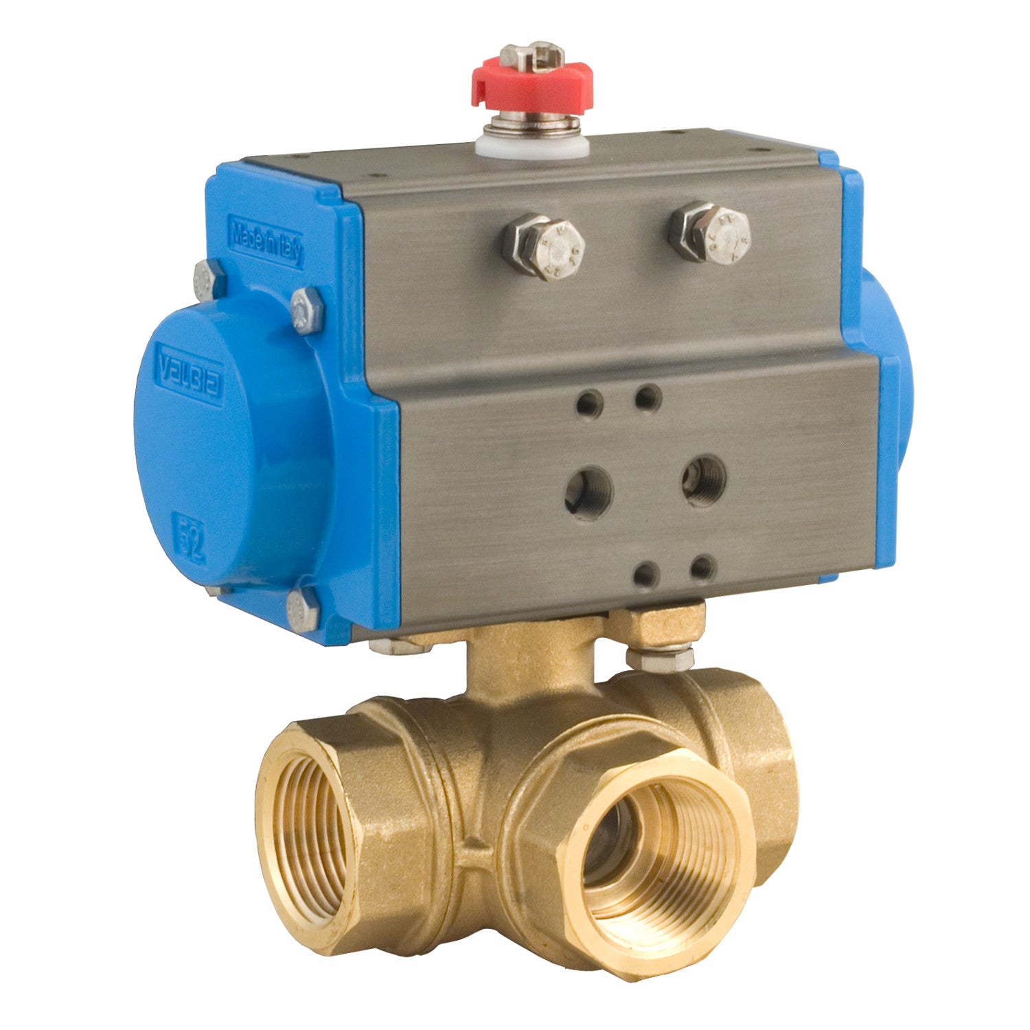 BONOMI 8P0131 BRASS 3 WAY BALL VALVE - FNPT T-PORT WITH SPRING RETURN PNEUMATIC ACTUATOR 400 WOG