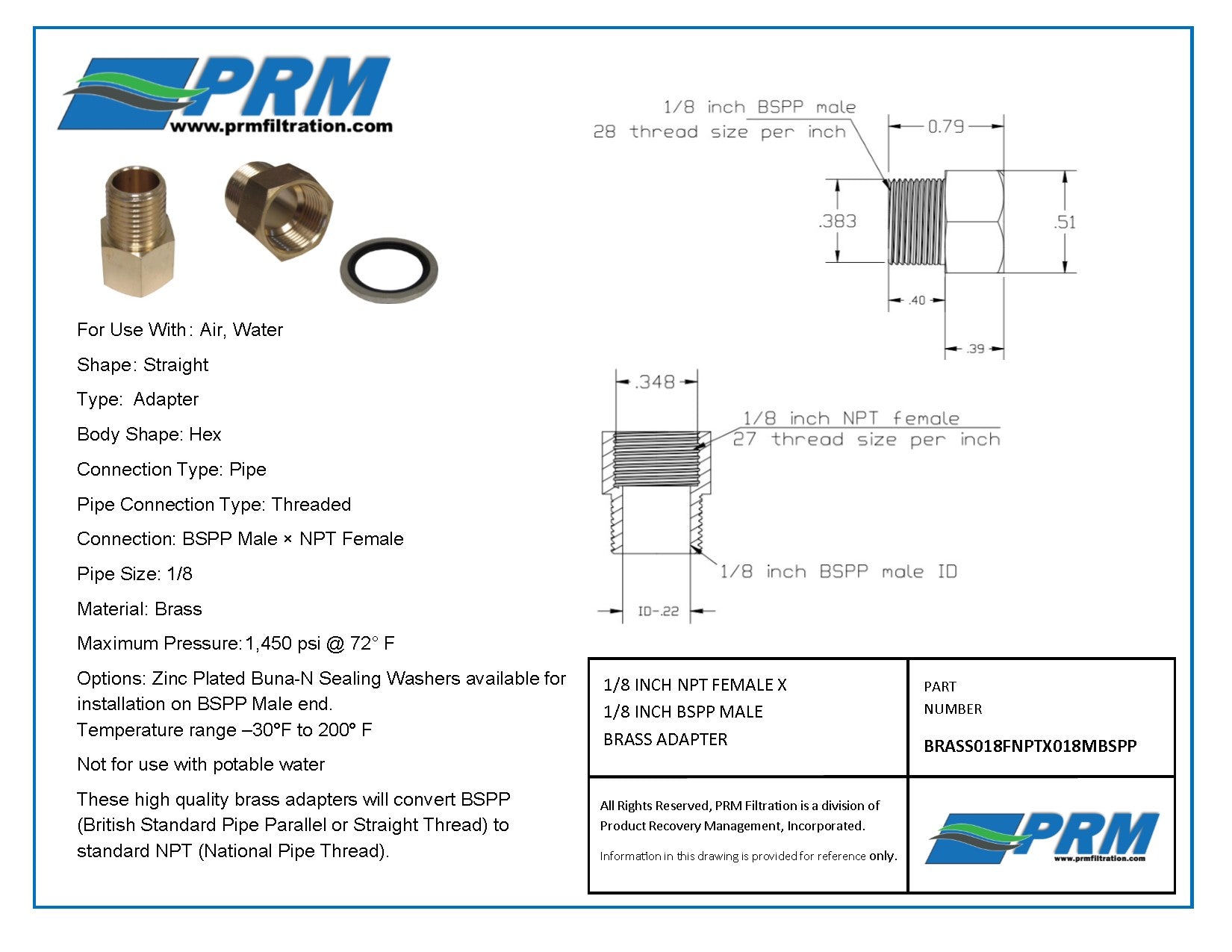 Brass Adapter - 1/8 Inch NPT Female X 1/8 Inch BSPP Male with Sealing Washer