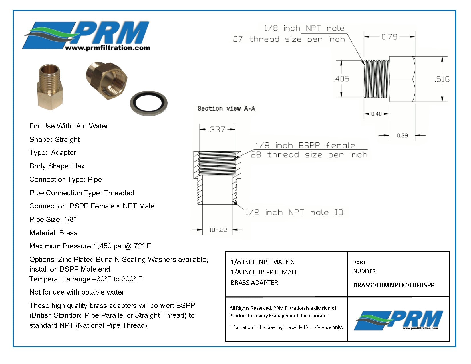 Brass Adapter - 1/8 Inch NPT Male X 1/8 Inch BSPP Female with Sealing Washer