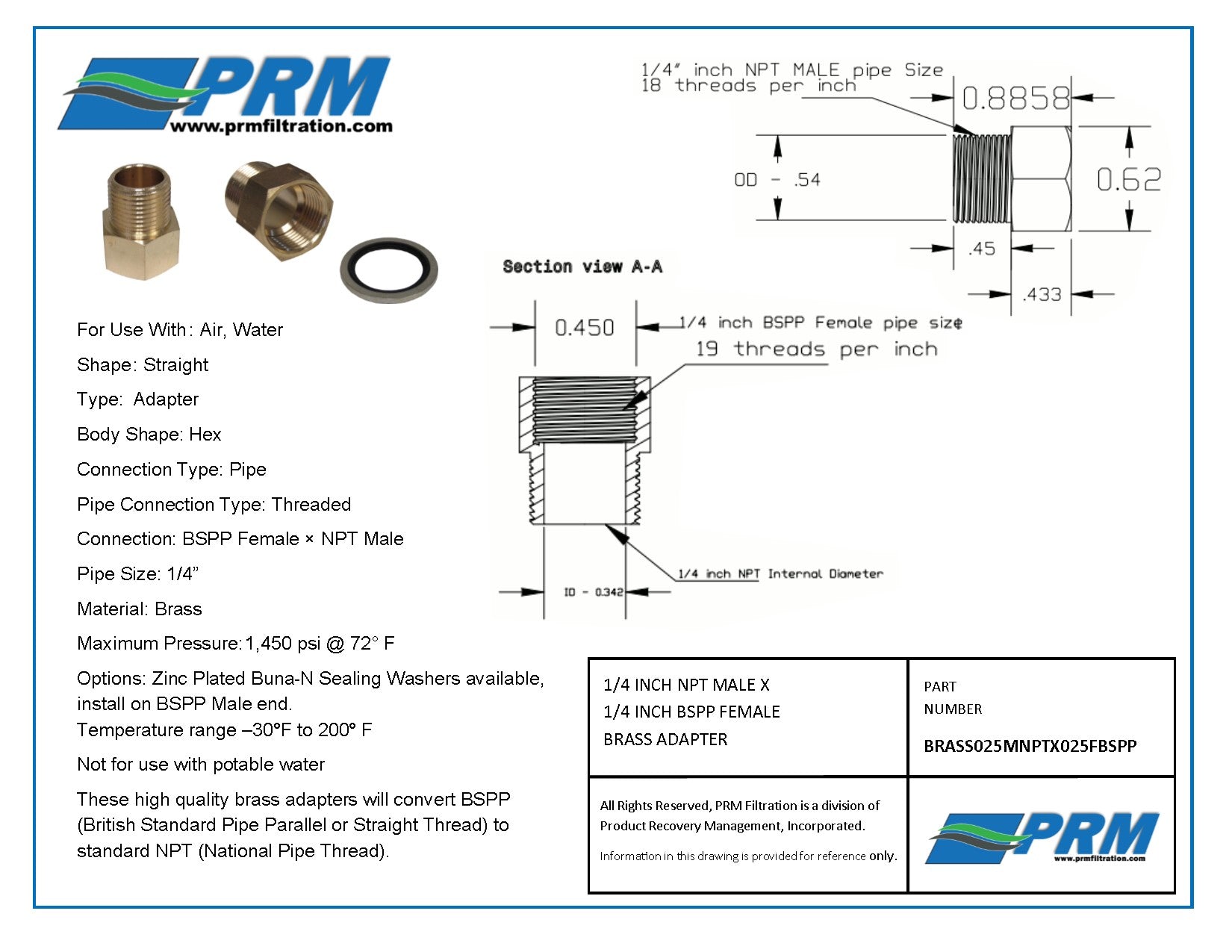 Brass Adapter - 1/4 Inch NPT Male X 1/4 Inch BSPP Female with Sealing Washer