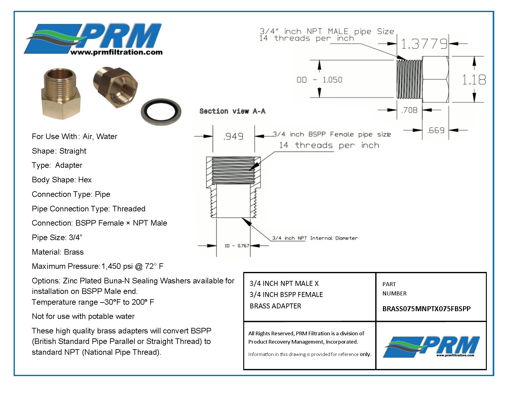 Brass Adapter - 3/8 Inch NPT Male X 3/8 Inch BSPP Female