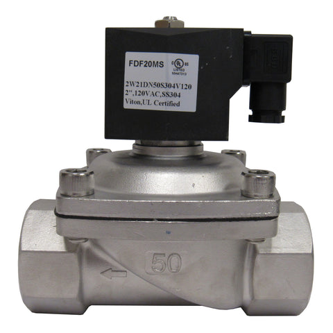 Solenoid Valve, 2 Inch NPT, 304 Stainless Steel, 120 VAC Coil, Viton Seal
