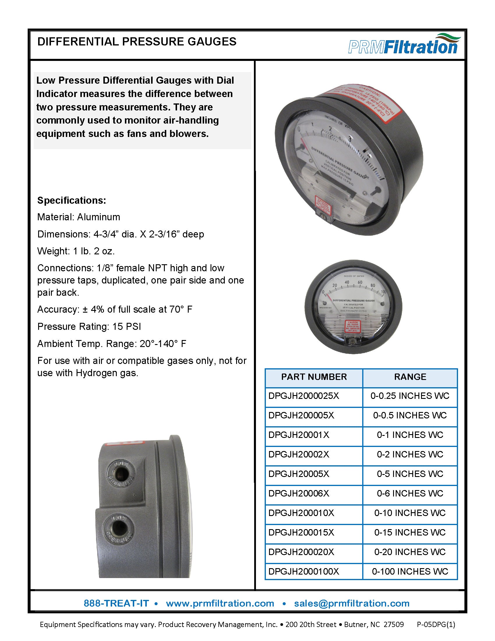 Differential Pressure Gauge, 0-20 Inches of Water