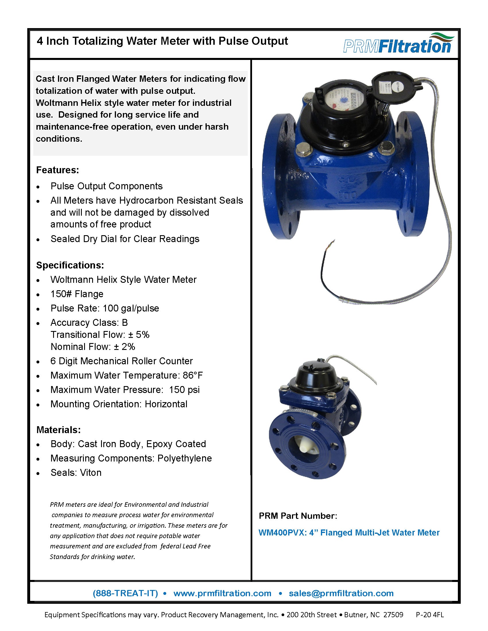 PRM Woltmann Helix Style 4 Inch Flanged Totalizing Water Meter with Pulse Output