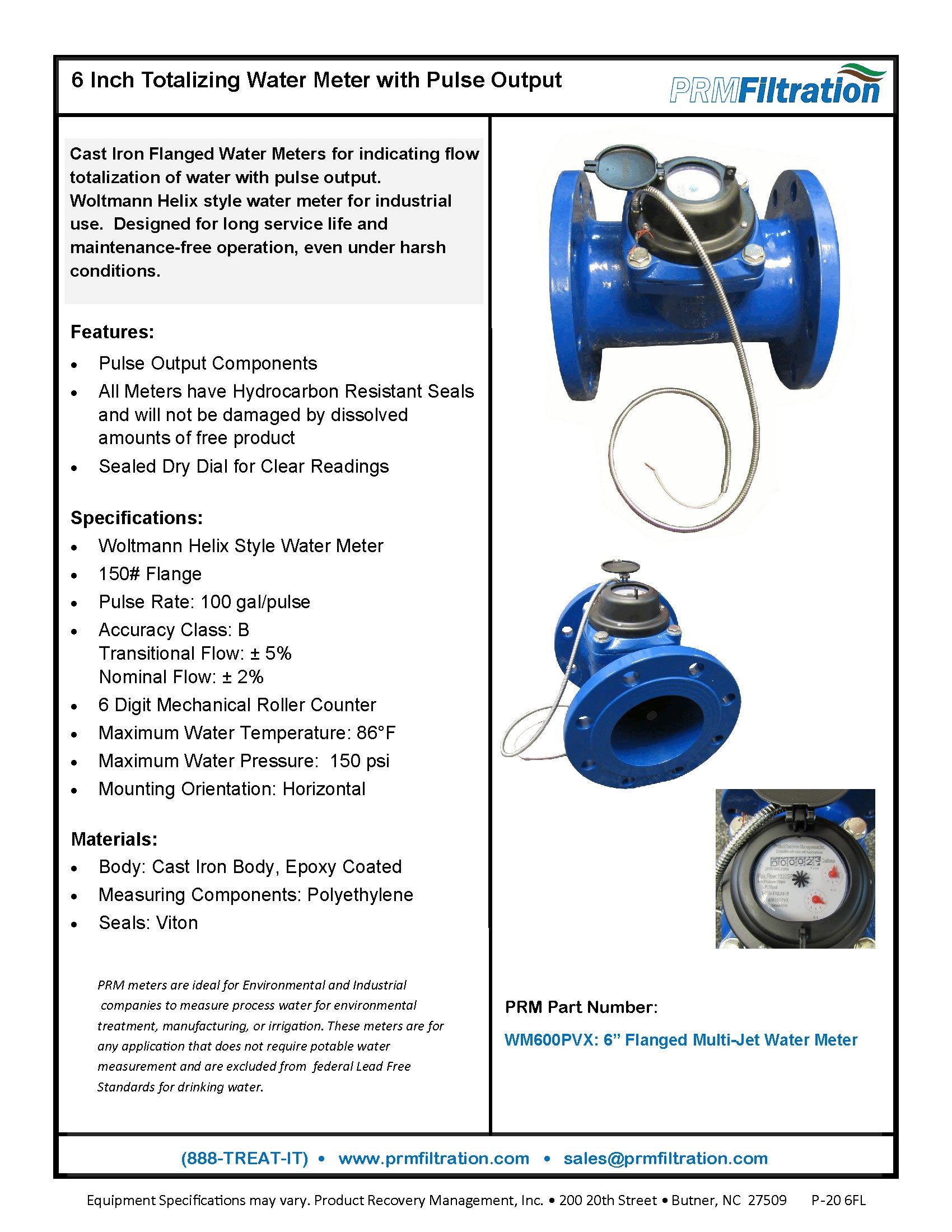 PRM Wolfmann Helix Style 6 Inch Water Meter For Totalization With Pulse - Flanged